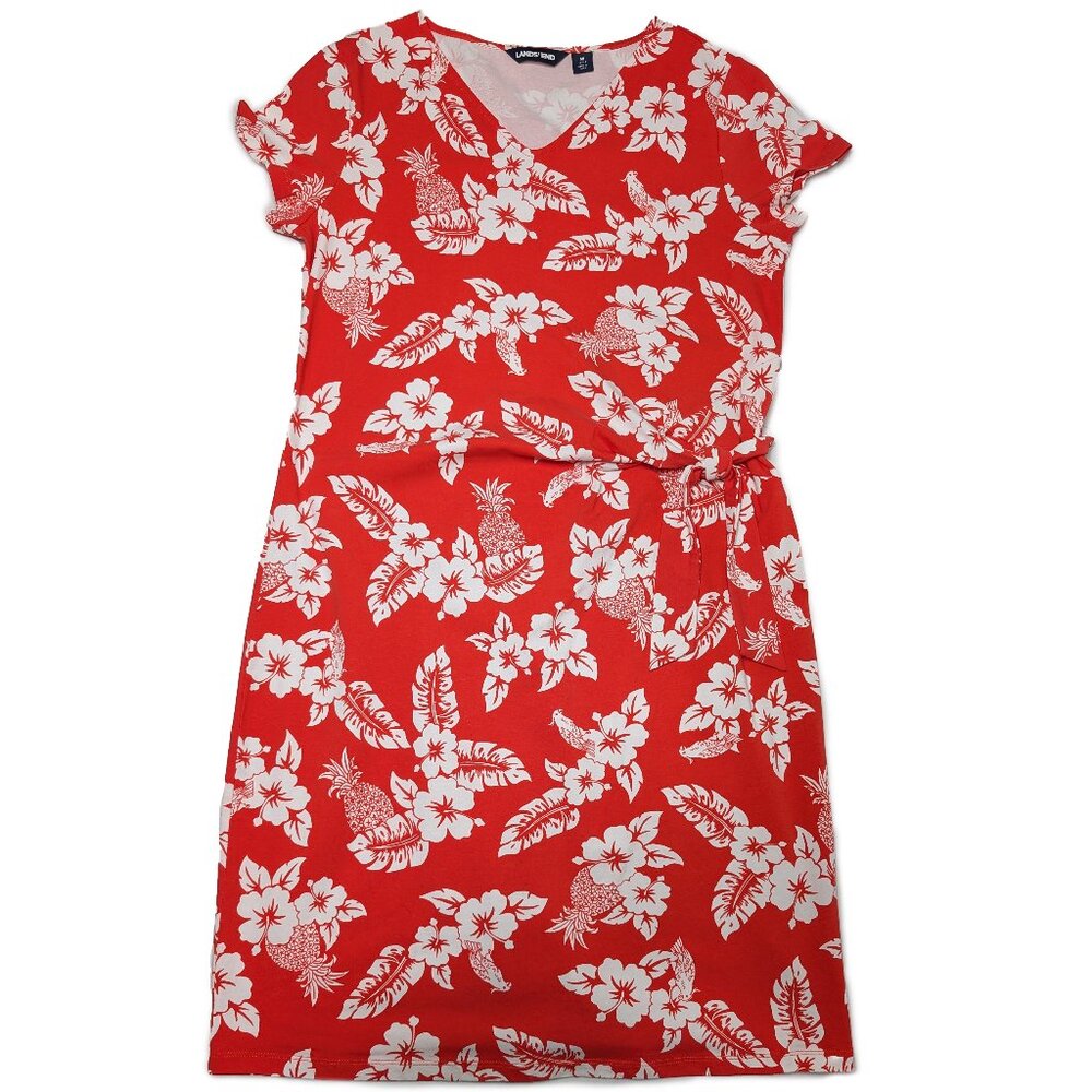 Lands' End Hawaiian Floral Front Tie Short Sleeve Red V-Neck Dress Women Size MD
